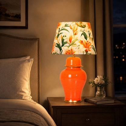 Orange Ginger Jar Table Lamp with Floral Print Shade, Glossy Ceramic Bedside Lamp