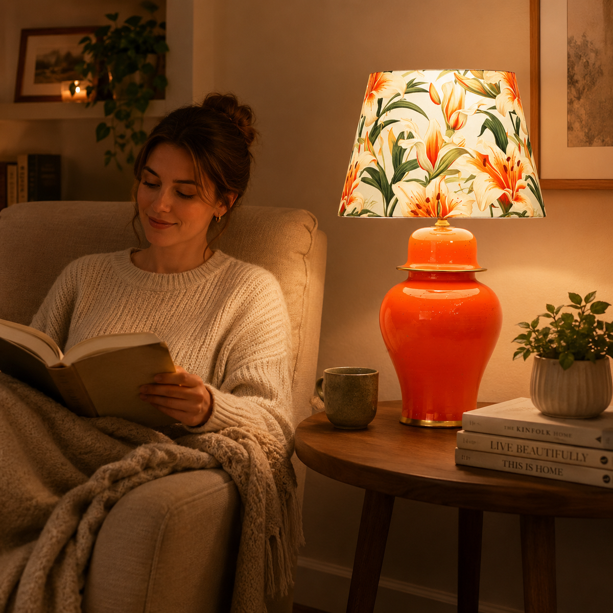 Orange Ginger Jar Table Lamp with Floral Print Shade, Glossy Ceramic Bedside Lamp
