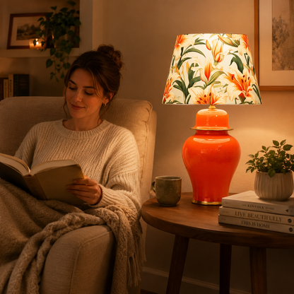 Orange Ginger Jar Table Lamp with Floral Print Shade, Glossy Ceramic Bedside Lamp