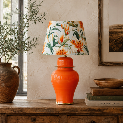 Orange Ginger Jar Table Lamp with Floral Print Shade, Glossy Ceramic Bedside Lamp