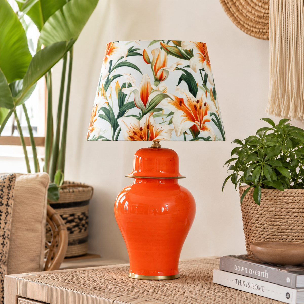Orange Ginger Jar Table Lamp with Floral Print Shade, Glossy Ceramic Bedside Lamp