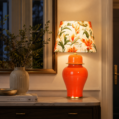 Orange Ginger Jar Table Lamp with Floral Print Shade, Glossy Ceramic Bedside Lamp