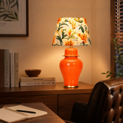 Orange Ginger Jar Table Lamp with Floral Print Shade, Glossy Ceramic Bedside Lamp