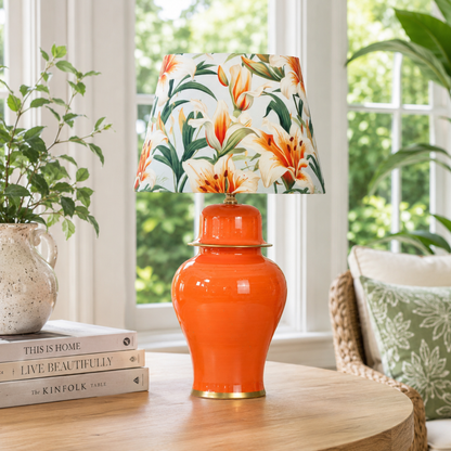 Orange Ginger Jar Table Lamp with Floral Print Shade, Glossy Ceramic Bedside Lamp
