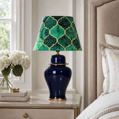 Navy Blue Ginger Jar Table Lamp with Patterned Shade, Glossy Ceramic Bedside Lamp