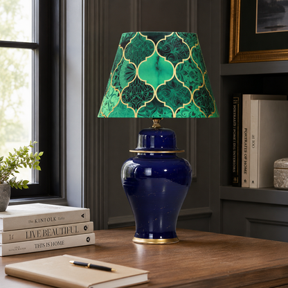 Navy Blue Ginger Jar Table Lamp with Patterned Shade, Glossy Ceramic Bedside Lamp