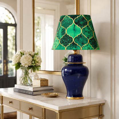 Navy Blue Ginger Jar Table Lamp with Patterned Shade, Glossy Ceramic Bedside Lamp