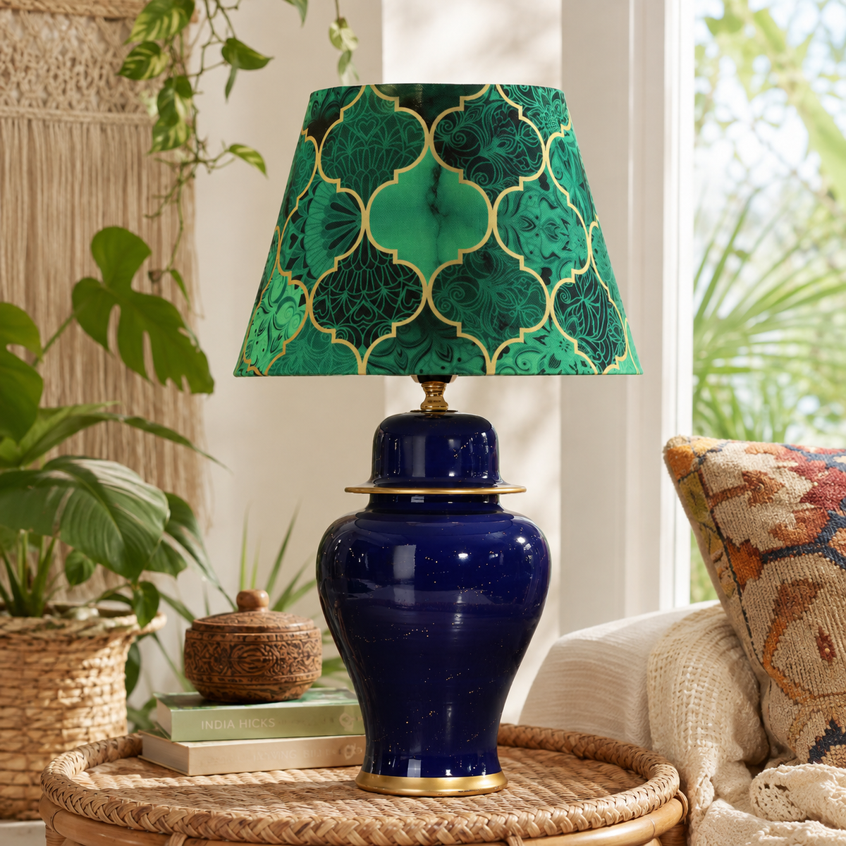 Navy Blue Ginger Jar Table Lamp with Patterned Shade, Glossy Ceramic Bedside Lamp