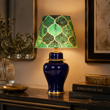 Navy Blue Ginger Jar Table Lamp with Patterned Shade, Glossy Ceramic Bedside Lamp