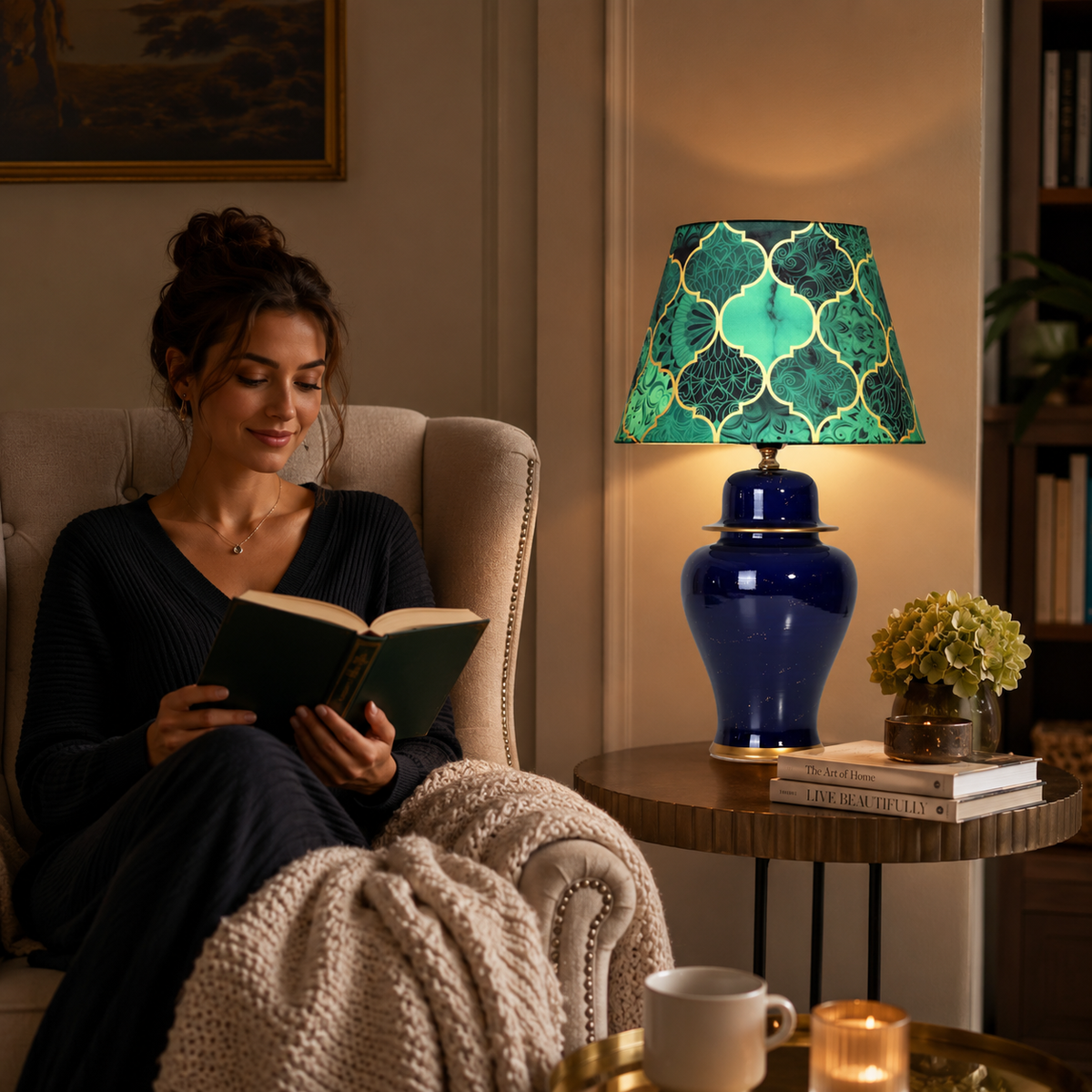 Navy Blue Ginger Jar Table Lamp with Patterned Shade, Glossy Ceramic Bedside Lamp
