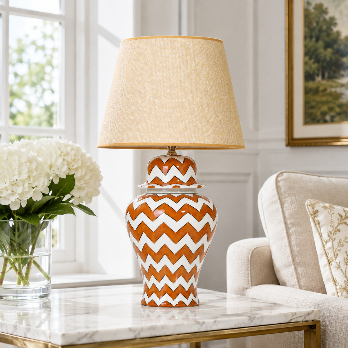 Orange & White Chevron Ginger Jar Table Lamp, Hand-Painted Ceramic Bedside Lamp