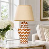 Orange & White Chevron Ginger Jar Table Lamp, Hand-Painted Ceramic Bedside Lamp