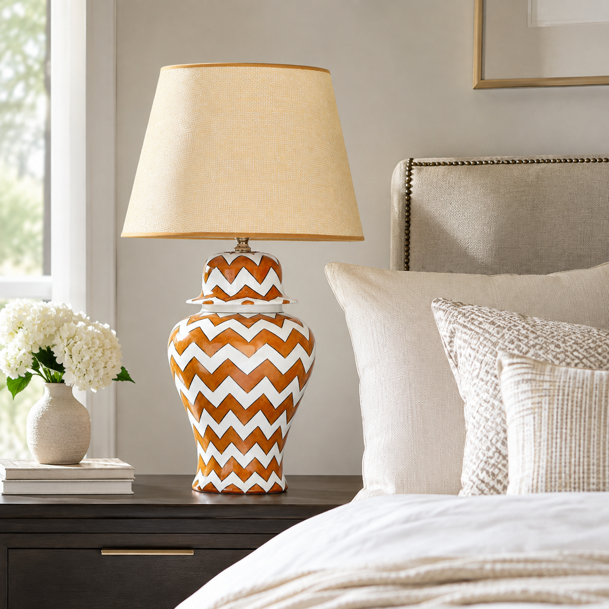 Orange & White Chevron Ginger Jar Table Lamp, Hand-Painted Ceramic Bedside Lamp