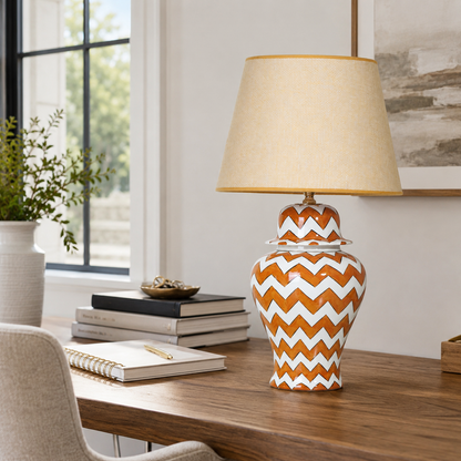 Orange & White Chevron Ginger Jar Table Lamp, Hand-Painted Ceramic Bedside Lamp