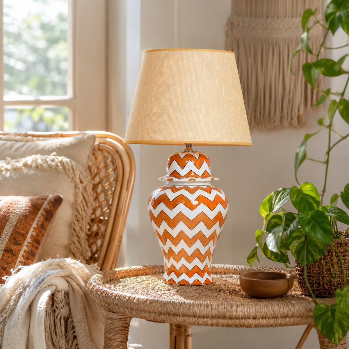 Orange & White Chevron Ginger Jar Table Lamp, Hand-Painted Ceramic Bedside Lamp