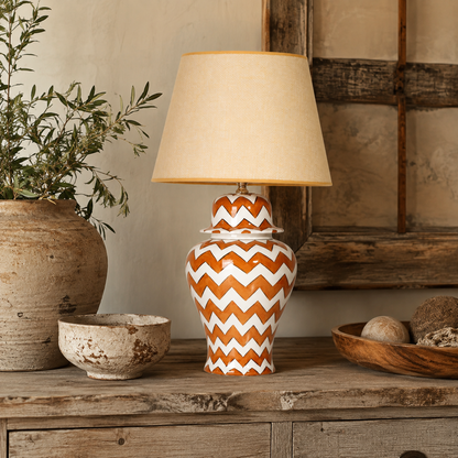 Orange & White Chevron Ginger Jar Table Lamp, Hand-Painted Ceramic Bedside Lamp