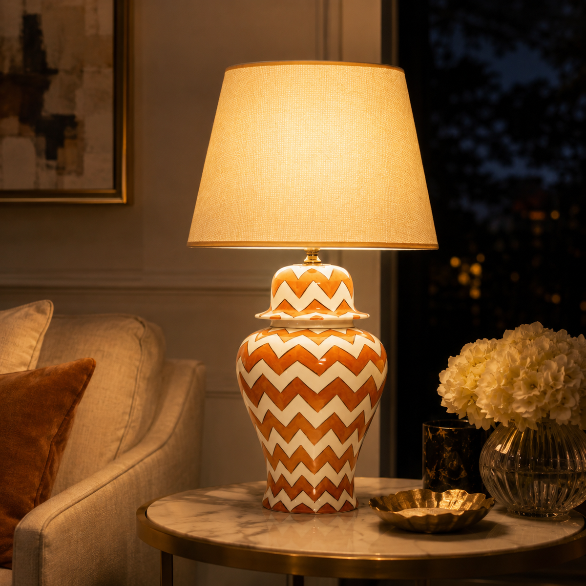 Orange & White Chevron Ginger Jar Table Lamp, Hand-Painted Ceramic Bedside Lamp
