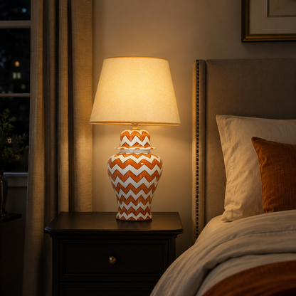 Orange & White Chevron Ginger Jar Table Lamp, Hand-Painted Ceramic Bedside Lamp