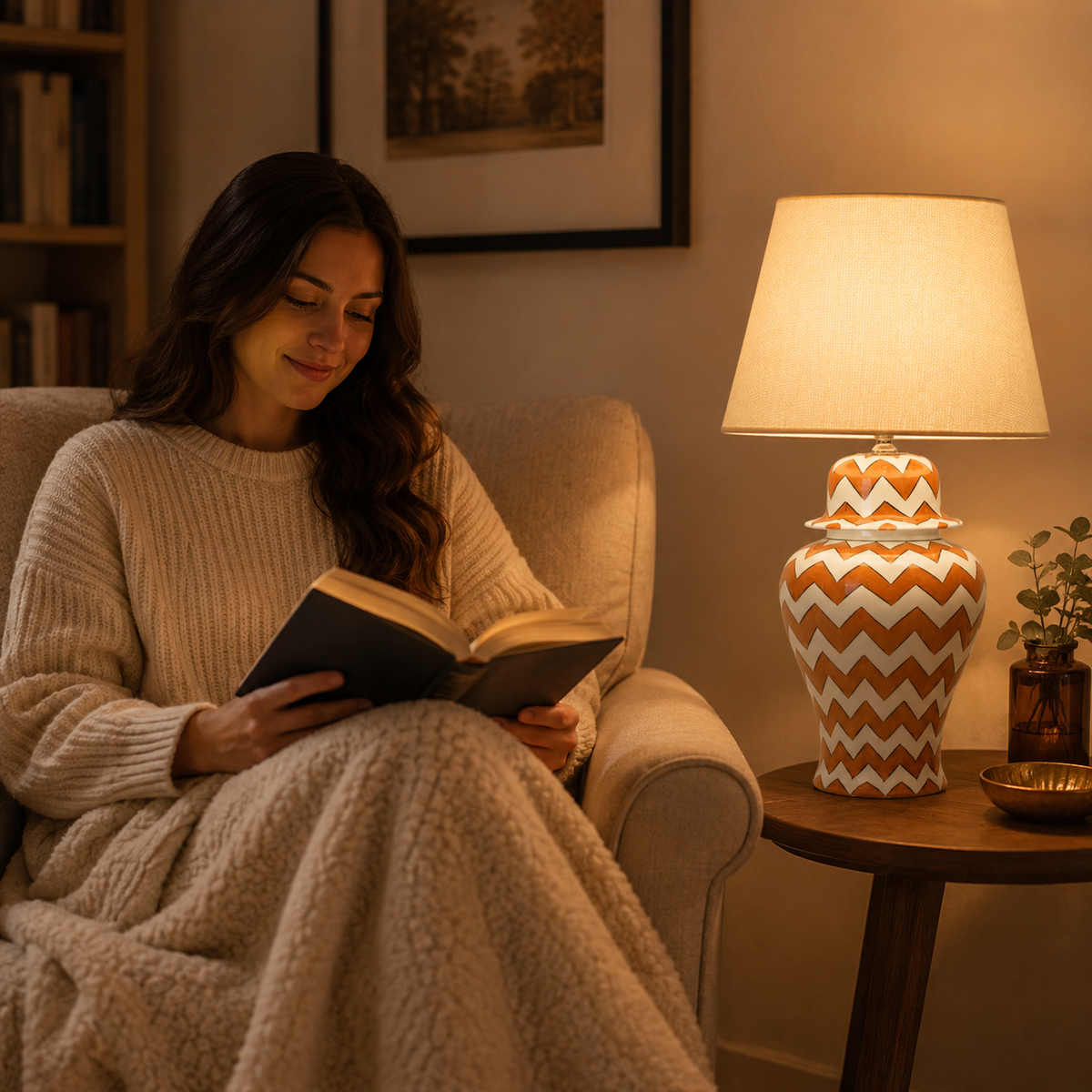 Orange & White Chevron Ginger Jar Table Lamp, Hand-Painted Ceramic Bedside Lamp