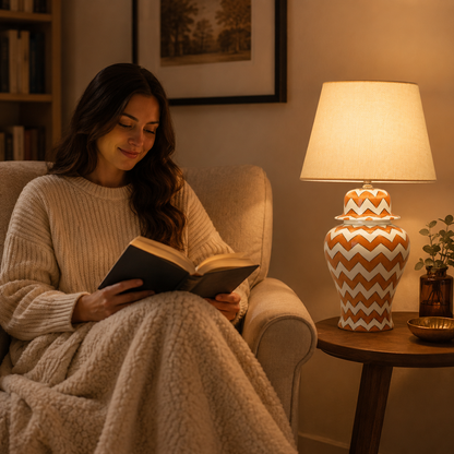 Orange & White Chevron Ginger Jar Table Lamp, Hand-Painted Ceramic Bedside Lamp