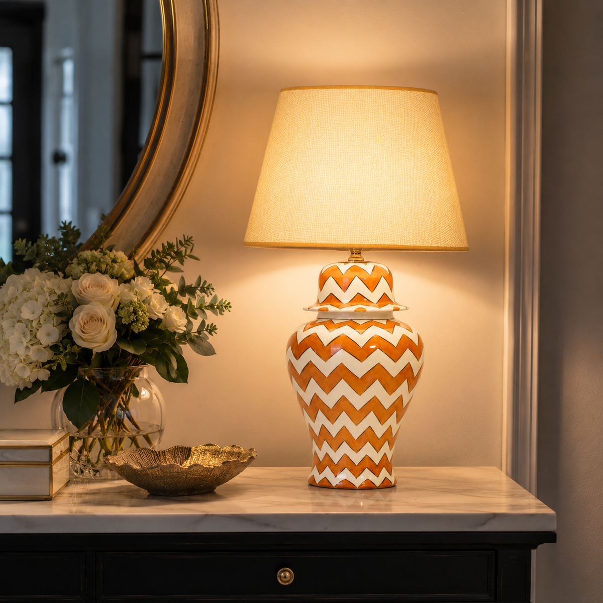 Orange & White Chevron Ginger Jar Table Lamp, Hand-Painted Ceramic Bedside Lamp
