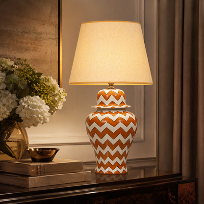 Orange & White Chevron Ginger Jar Table Lamp, Hand-Painted Ceramic Bedside Lamp