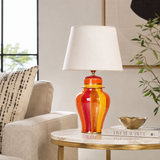 Red & Orange Striped Ginger Jar Table Lamp, Glossy Ceramic Bedside Lamp with White Shade