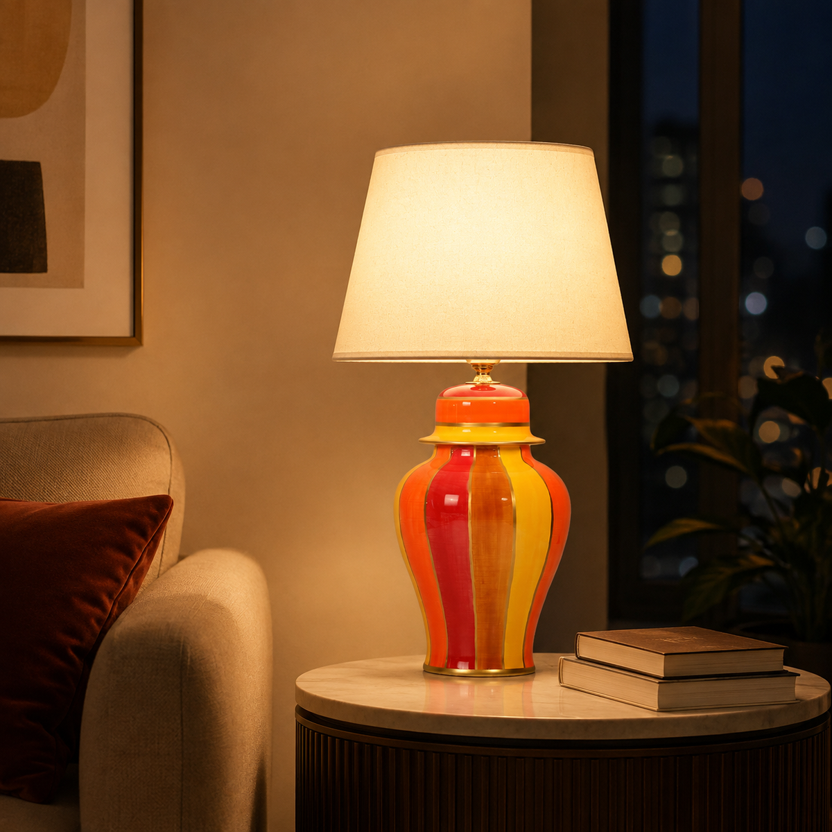 Red & Orange Striped Ginger Jar Table Lamp, Glossy Ceramic Bedside Lamp with White Shade