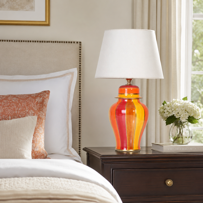 Red & Orange Striped Ginger Jar Table Lamp, Glossy Ceramic Bedside Lamp with White Shade