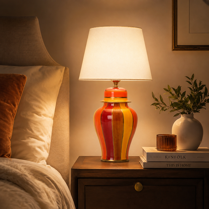 Red & Orange Striped Ginger Jar Table Lamp, Glossy Ceramic Bedside Lamp with White Shade