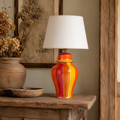 Red & Orange Striped Ginger Jar Table Lamp, Glossy Ceramic Bedside Lamp with White Shade