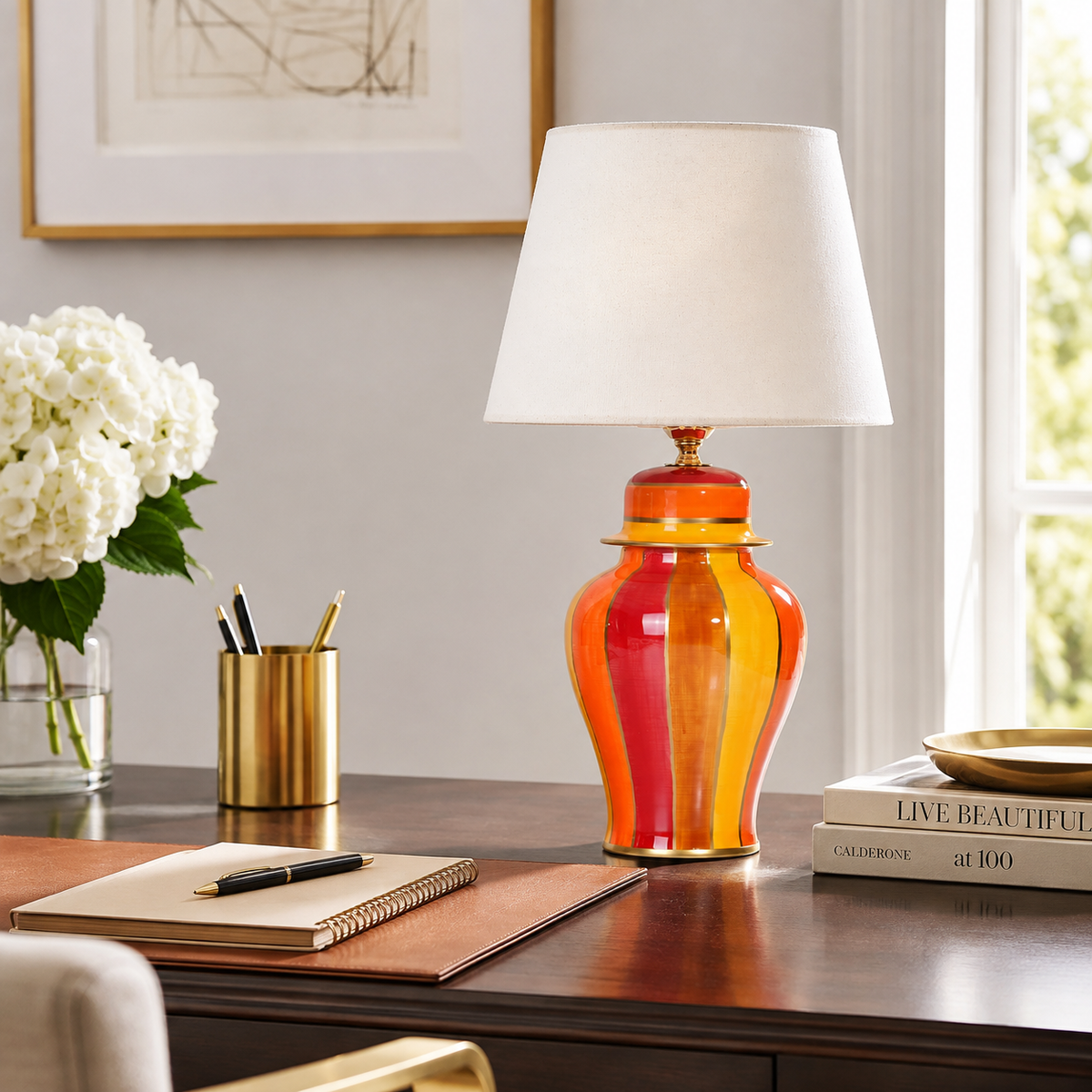 Red & Orange Striped Ginger Jar Table Lamp, Glossy Ceramic Bedside Lamp with White Shade