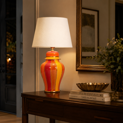 Red & Orange Striped Ginger Jar Table Lamp, Glossy Ceramic Bedside Lamp with White Shade