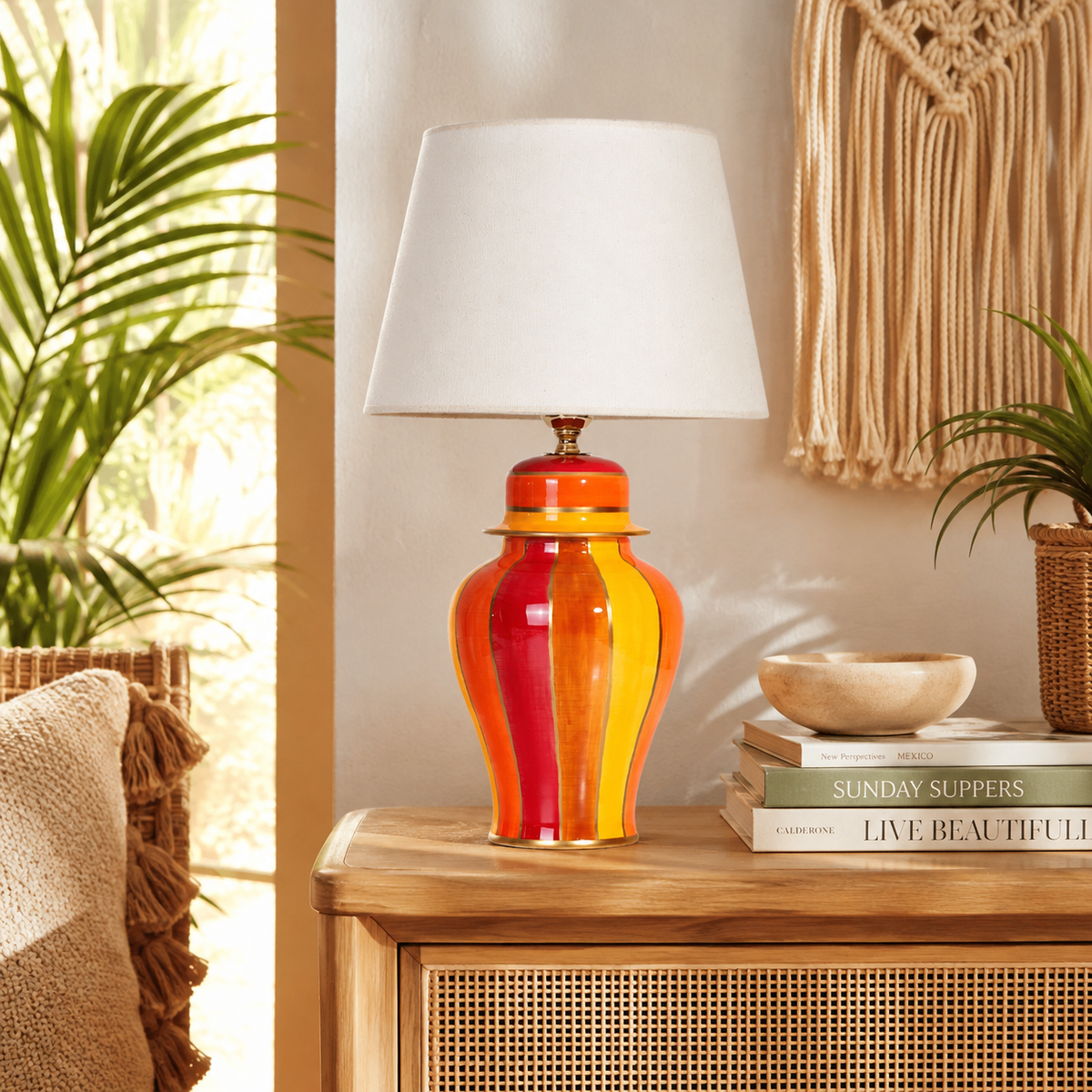 Red & Orange Striped Ginger Jar Table Lamp, Glossy Ceramic Bedside Lamp with White Shade
