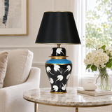 Black Ginger Jar Table Lamp with White Tulip Pattern, Hand-Painted Ceramic Lamp, Black Shade