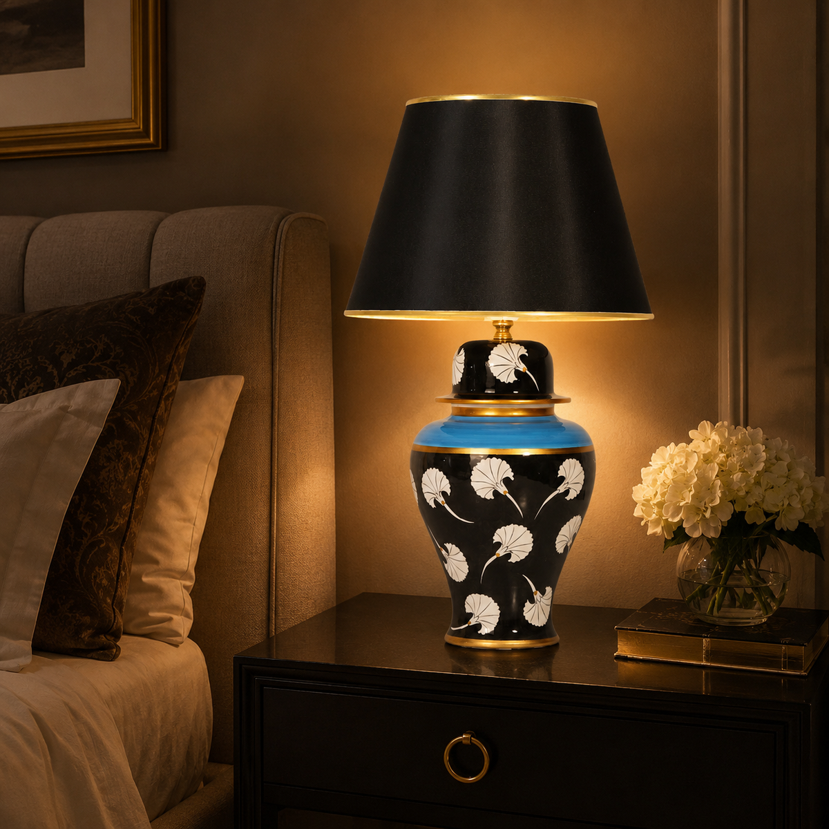 Black Ginger Jar Table Lamp with White Tulip Pattern, Hand-Painted Ceramic Lamp, Black Shade