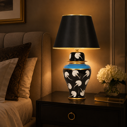 Black Ginger Jar Table Lamp with White Tulip Pattern, Hand-Painted Ceramic Lamp, Black Shade