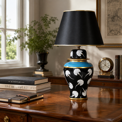 Black Ginger Jar Table Lamp with White Tulip Pattern, Hand-Painted Ceramic Lamp, Black Shade