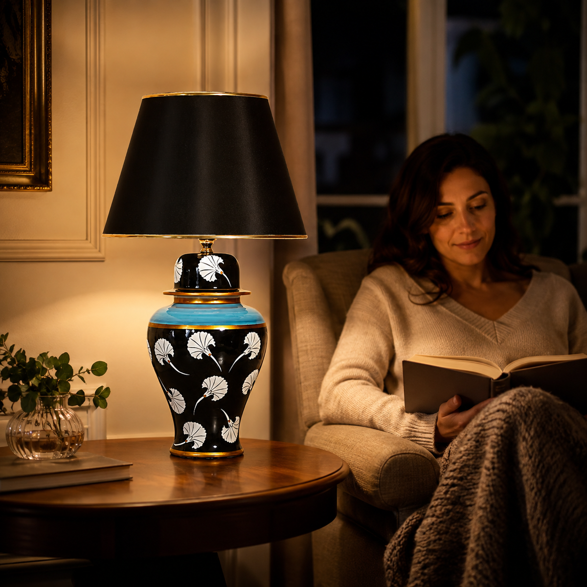 Black Ginger Jar Table Lamp with White Tulip Pattern, Hand-Painted Ceramic Lamp, Black Shade