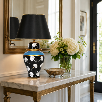 Black Ginger Jar Table Lamp with White Tulip Pattern, Hand-Painted Ceramic Lamp, Black Shade