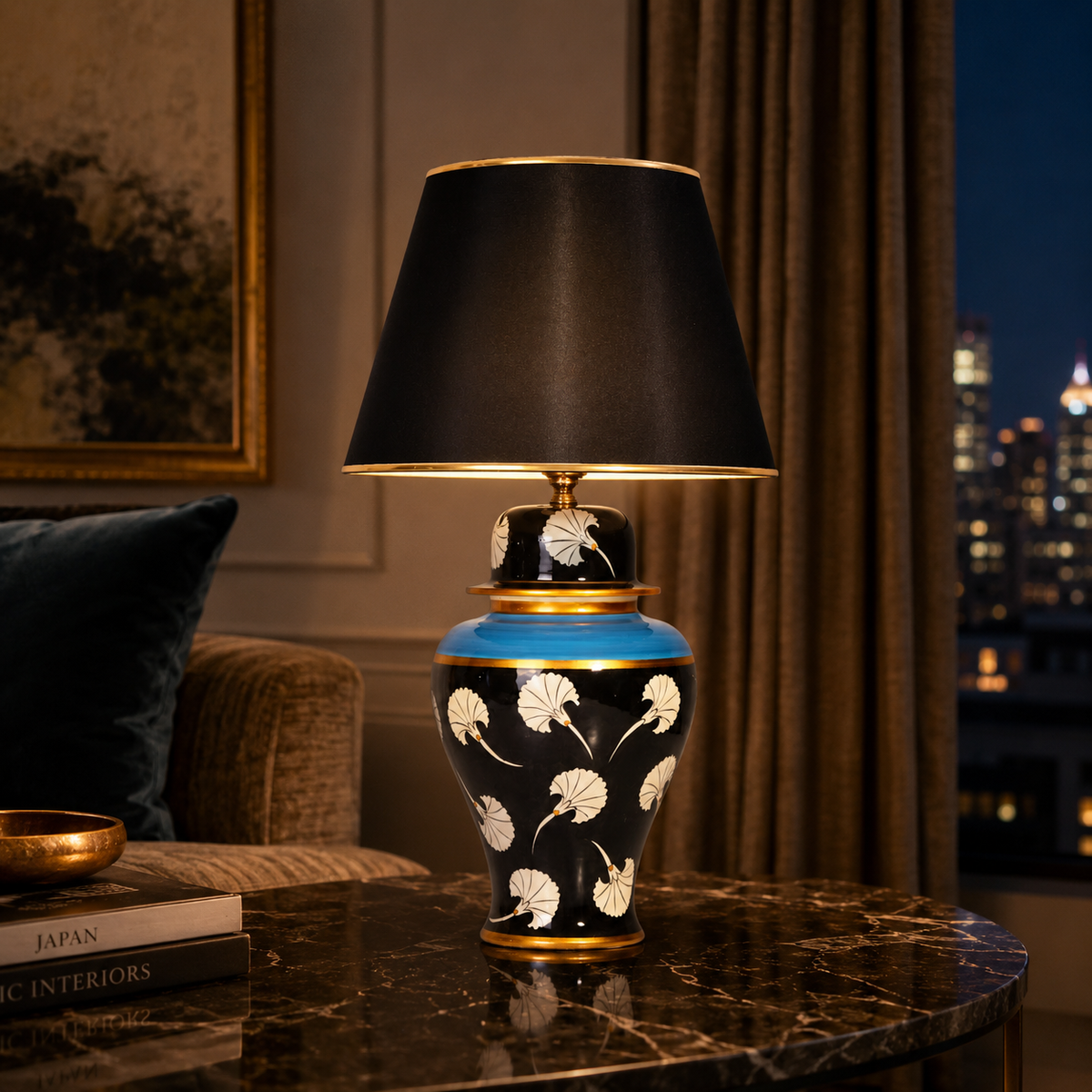 Black Ginger Jar Table Lamp with White Tulip Pattern, Hand-Painted Ceramic Lamp, Black Shade