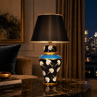 Black Ginger Jar Table Lamp with White Tulip Pattern, Hand-Painted Ceramic Lamp, Black Shade