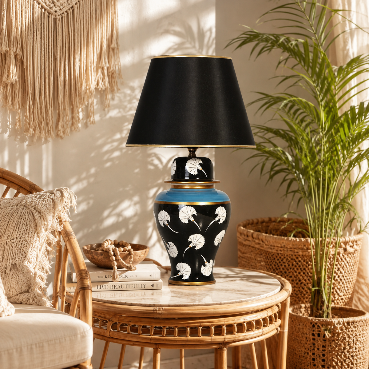 Black Ginger Jar Table Lamp with White Tulip Pattern, Hand-Painted Ceramic Lamp, Black Shade