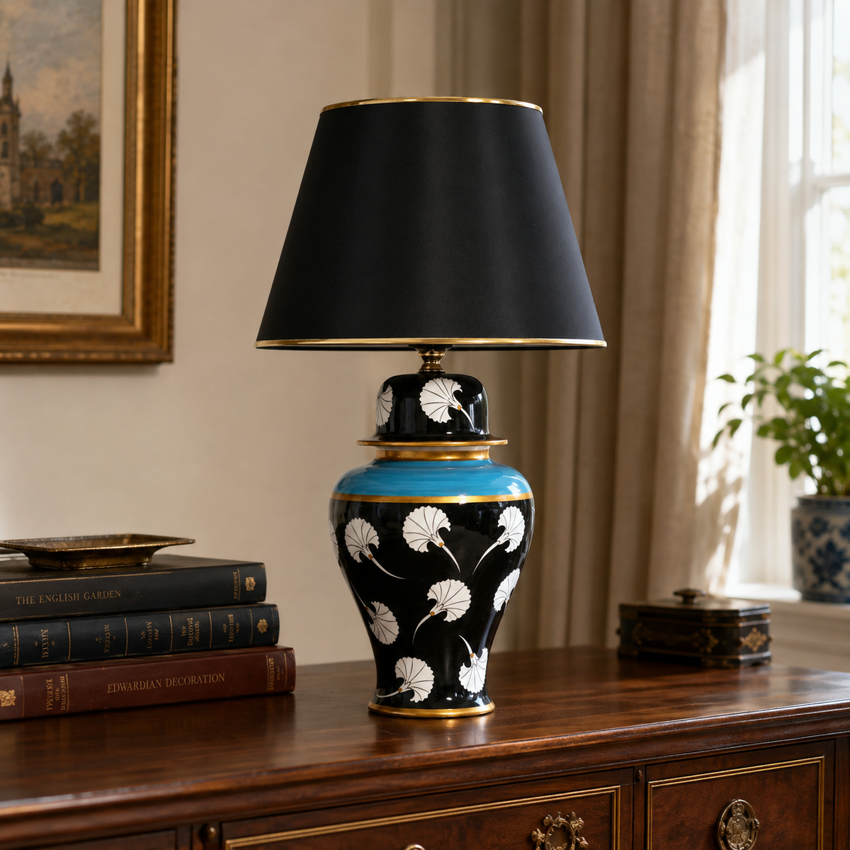 Black Ginger Jar Table Lamp with White Tulip Pattern, Hand-Painted Ceramic Lamp, Black Shade