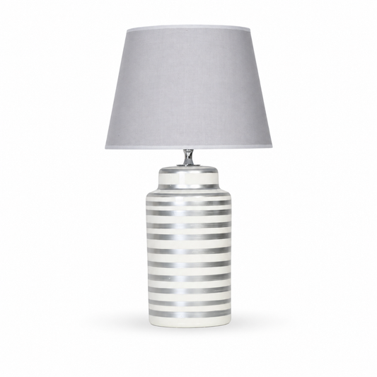 Silver Striped Ceramic Table Lamp with Grey Shade, Modern Bedside Lamp