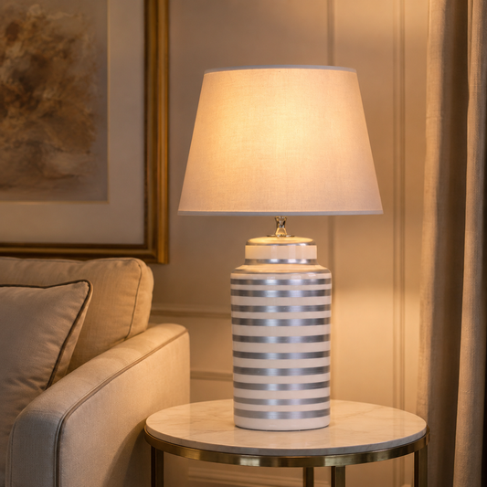 Silver Striped Ceramic Table Lamp with Grey Shade, Modern Bedside Lamp
