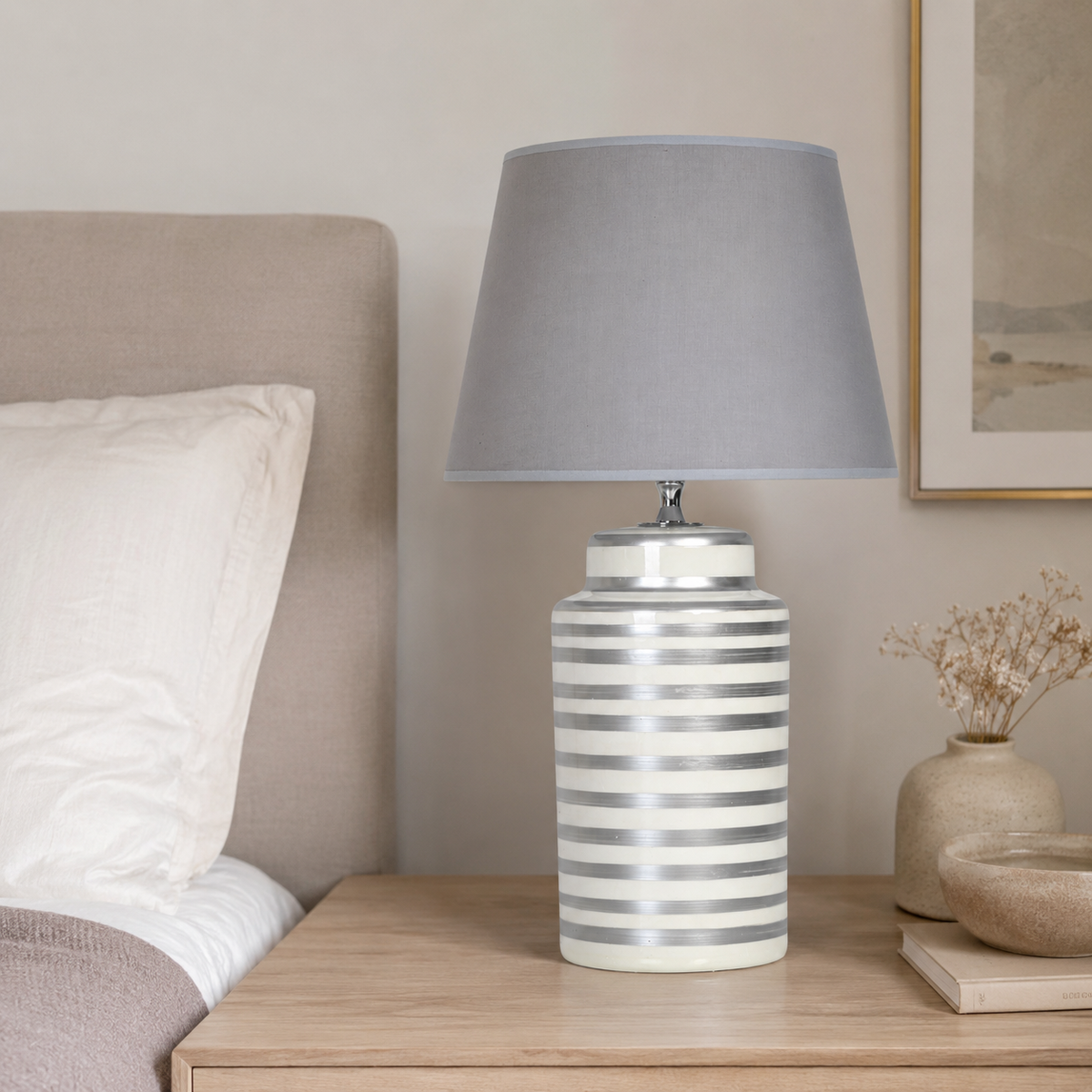 Silver Striped Ceramic Table Lamp with Grey Shade, Modern Bedside Lamp