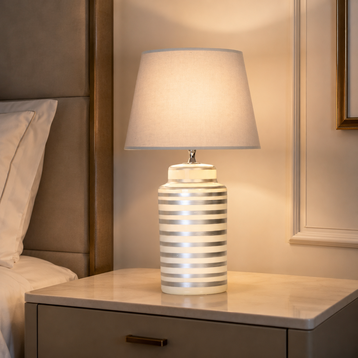Silver Striped Ceramic Table Lamp with Grey Shade, Modern Bedside Lamp