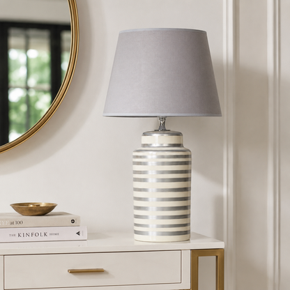 Silver Striped Ceramic Table Lamp with Grey Shade, Modern Bedside Lamp