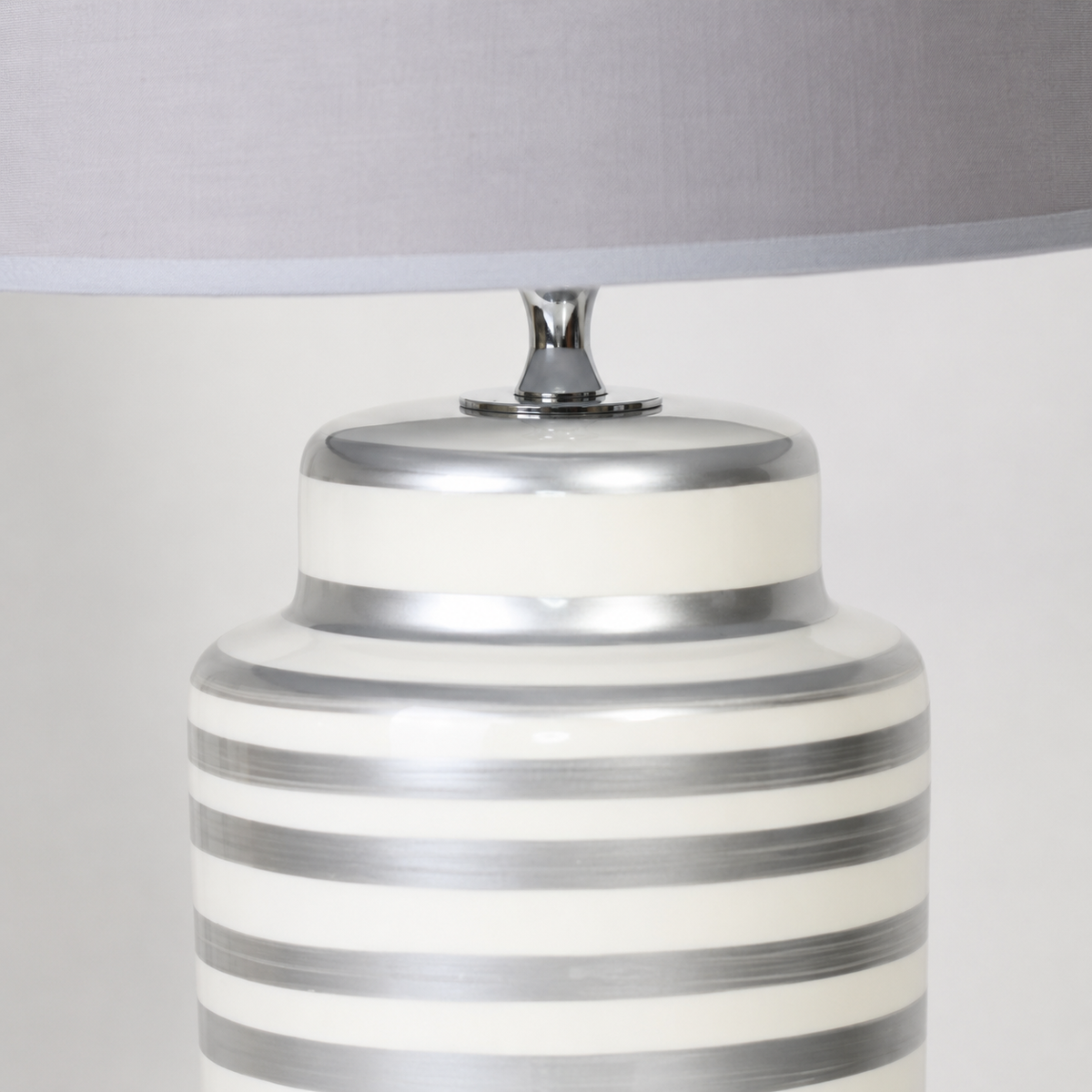 Silver Striped Ceramic Table Lamp with Grey Shade, Modern Bedside Lamp